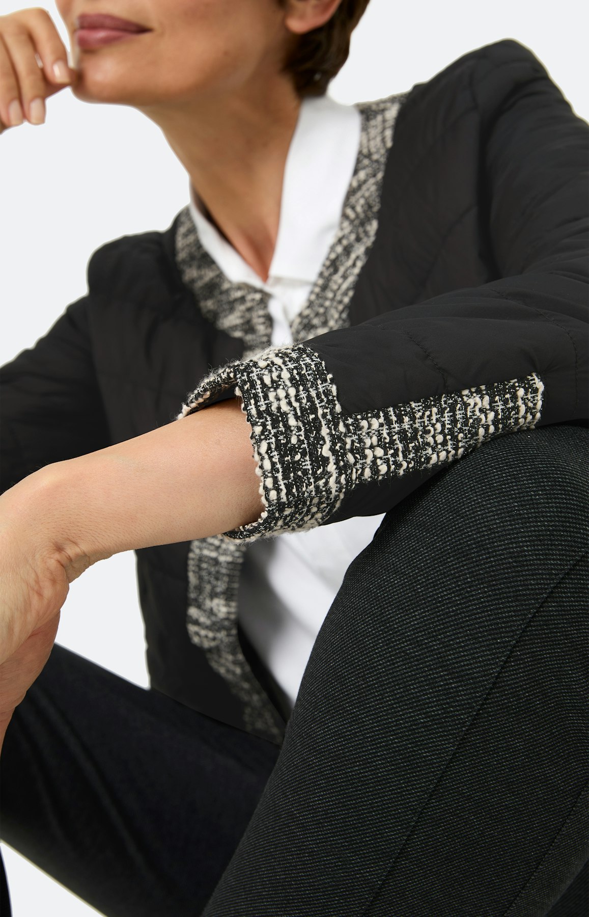 Gewatteerde jas met tweed-details, zwart