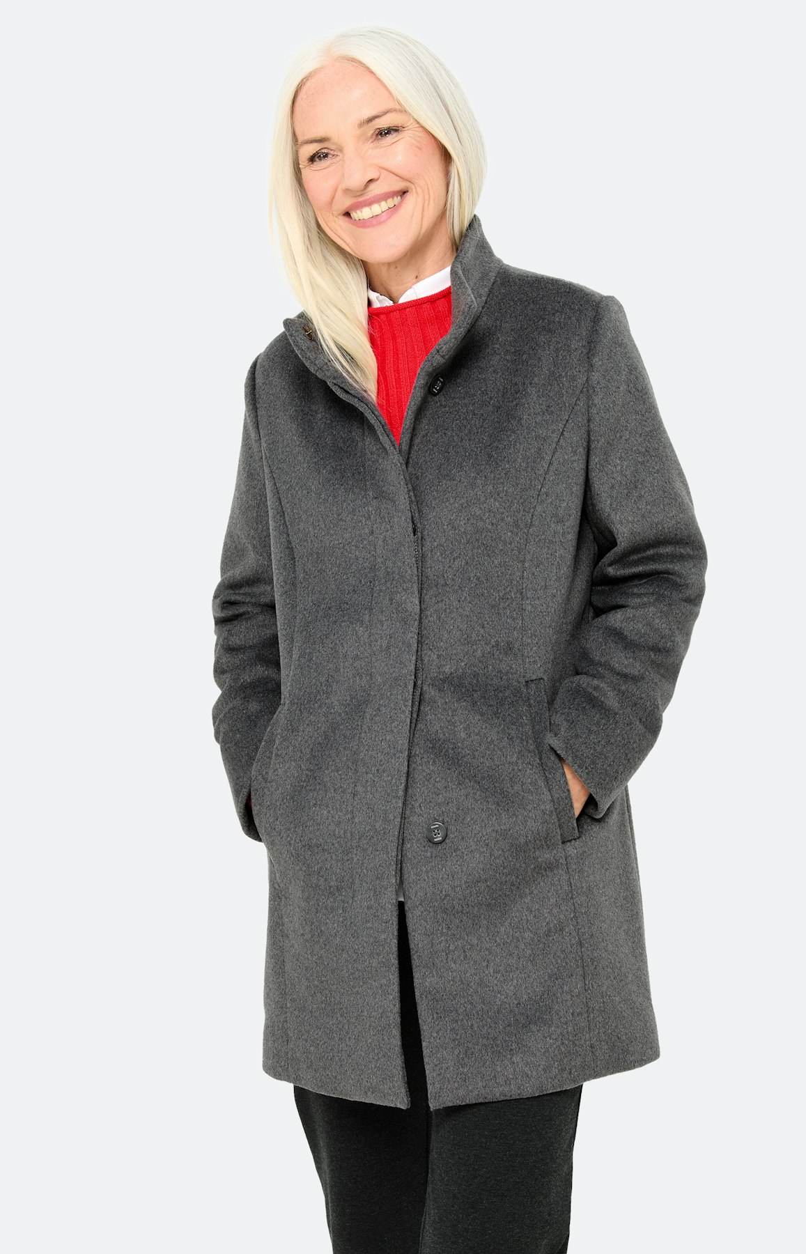 Wollen mantel, staande kraag, antraciet