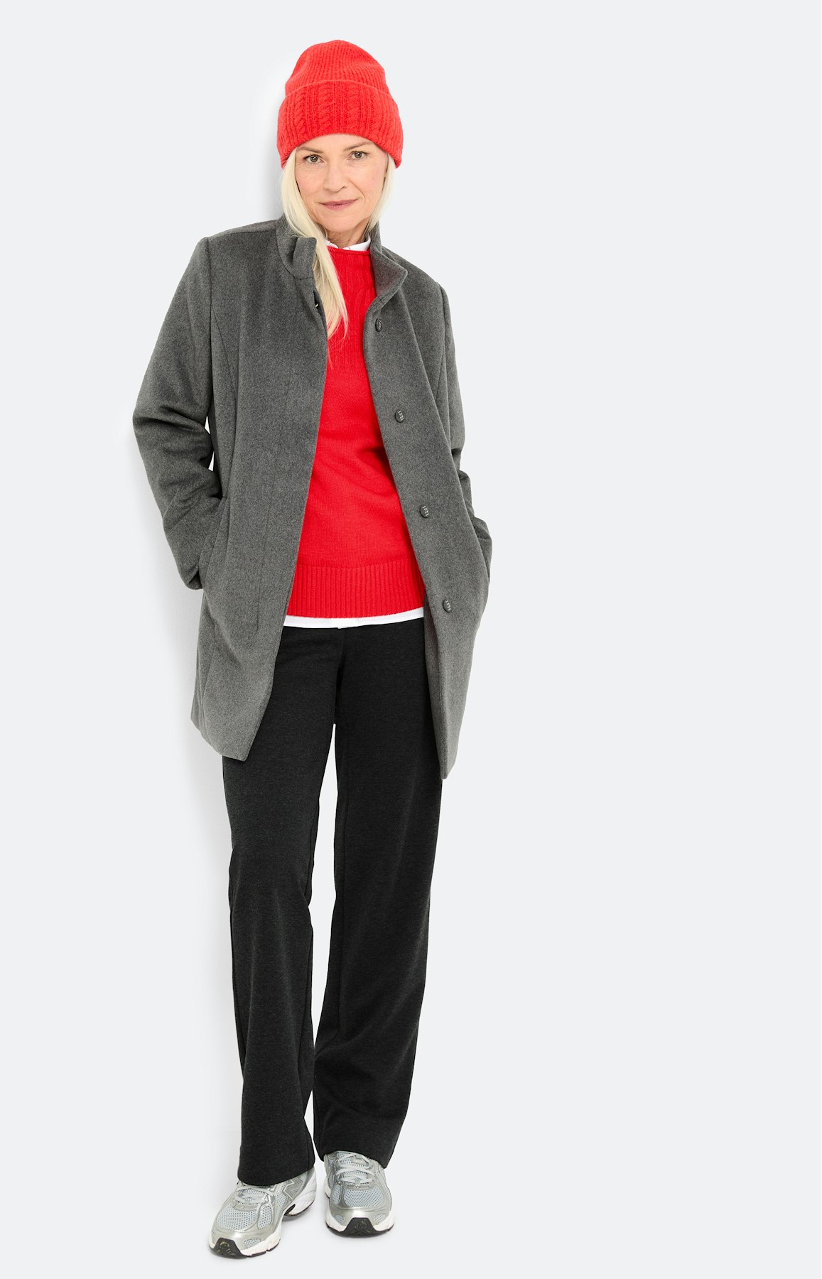 Wollen mantel, staande kraag, antraciet