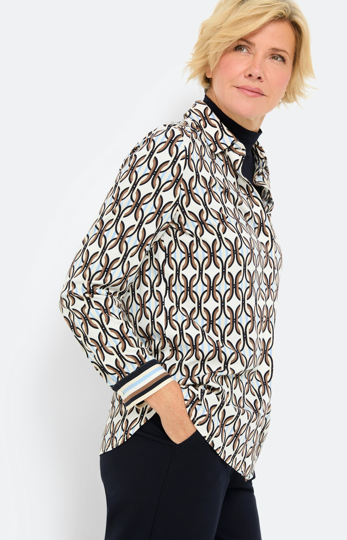 Blouse met strepen-manchetten, taupe