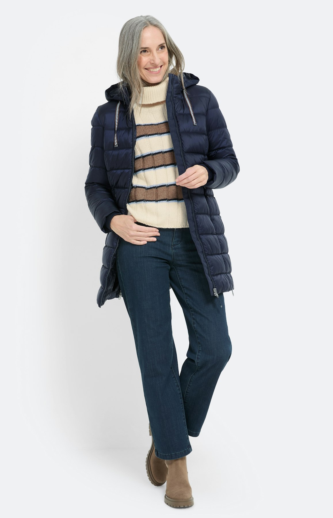 Doorgestikte mantel met zijsplit, marine