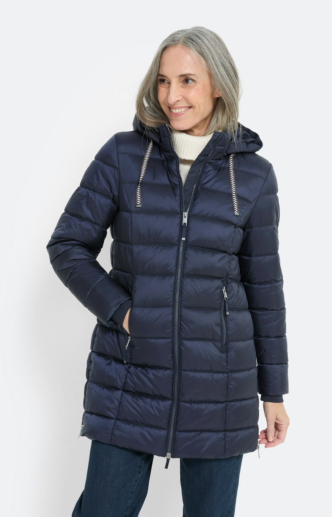 Doorgestikte mantel met zijsplit, marine