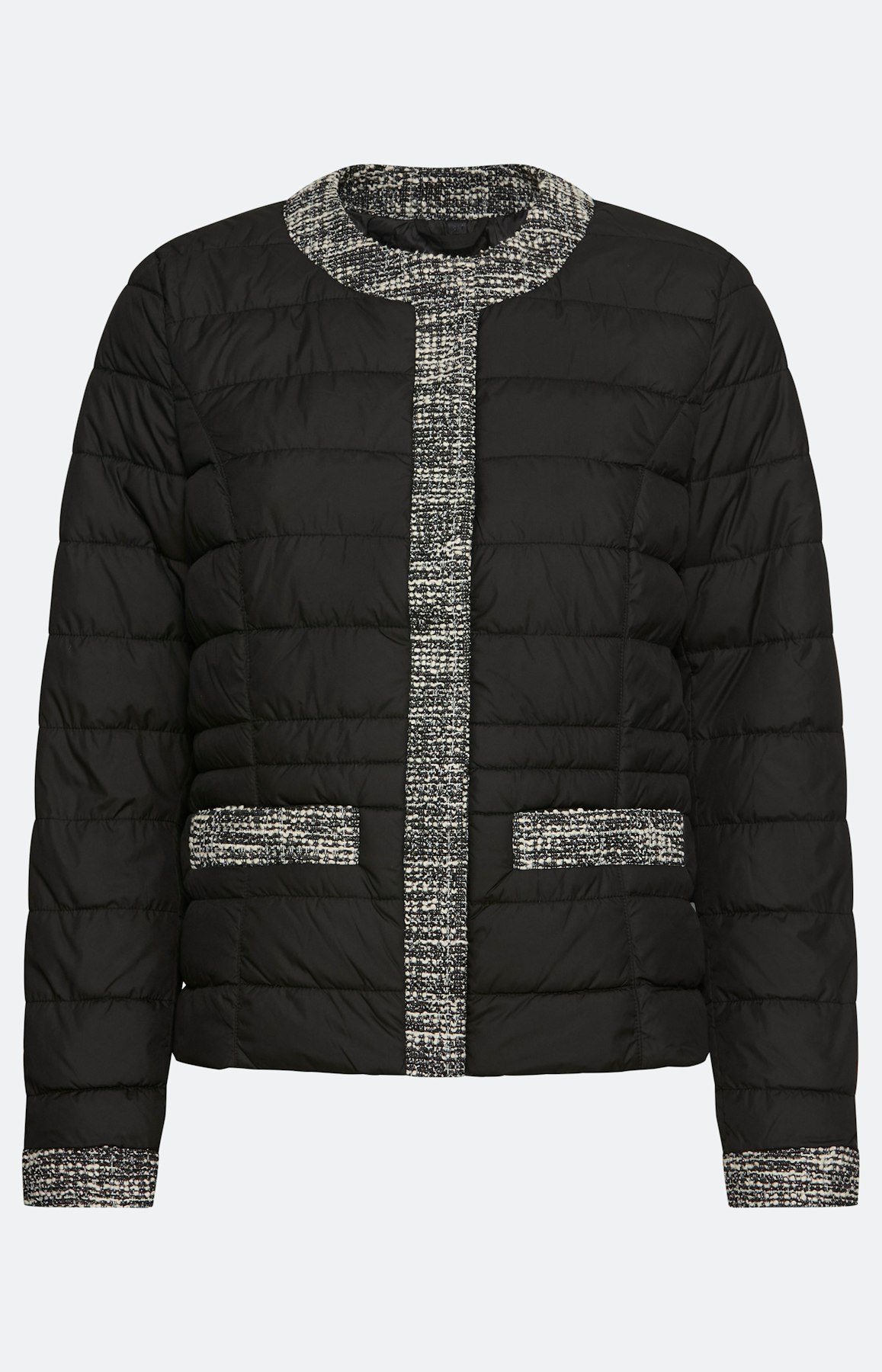 Gewatteerde jas met tweed-details, zwart