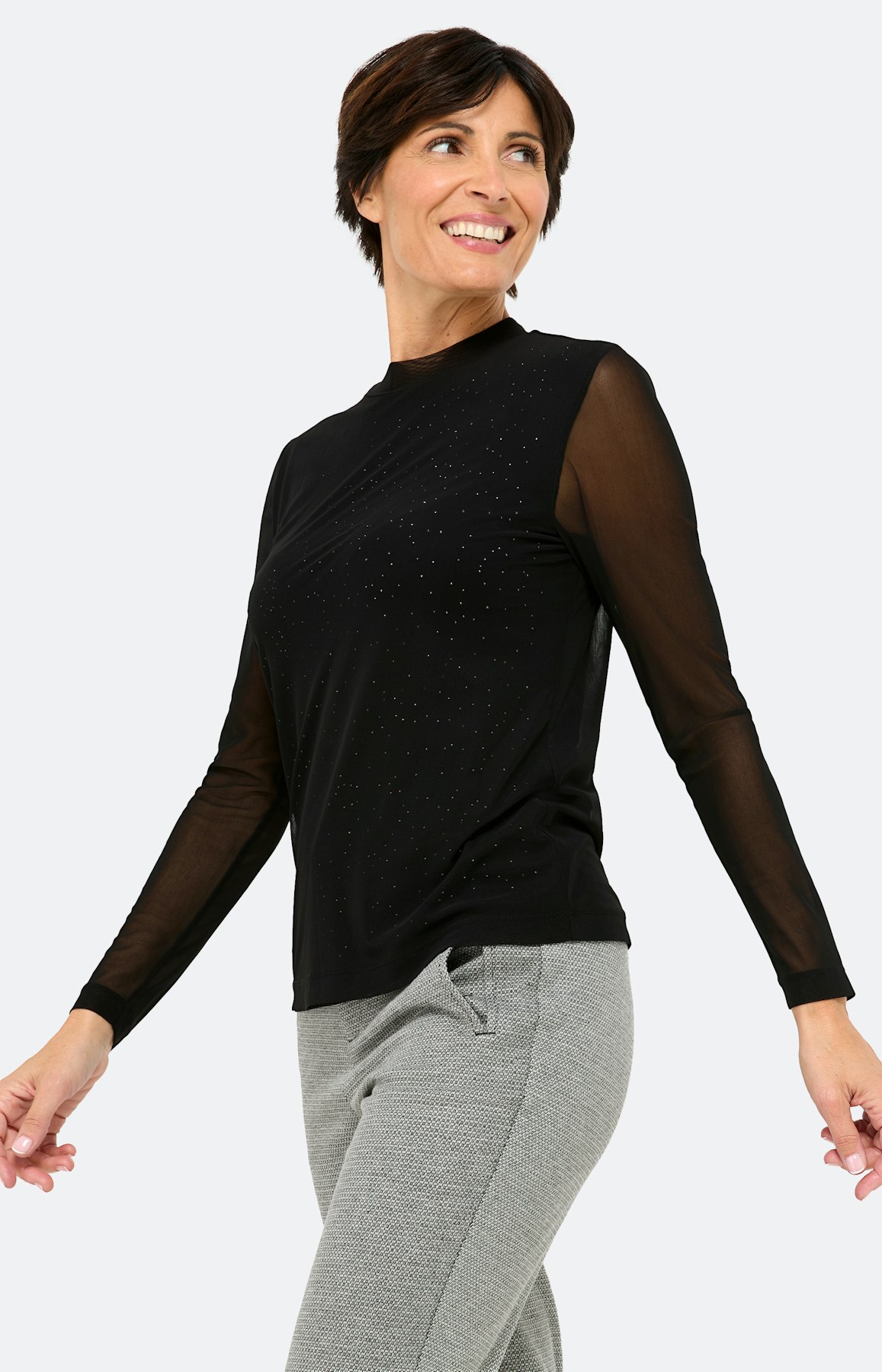 Shirt aus Mesh mit Ziersteinen, schwarz