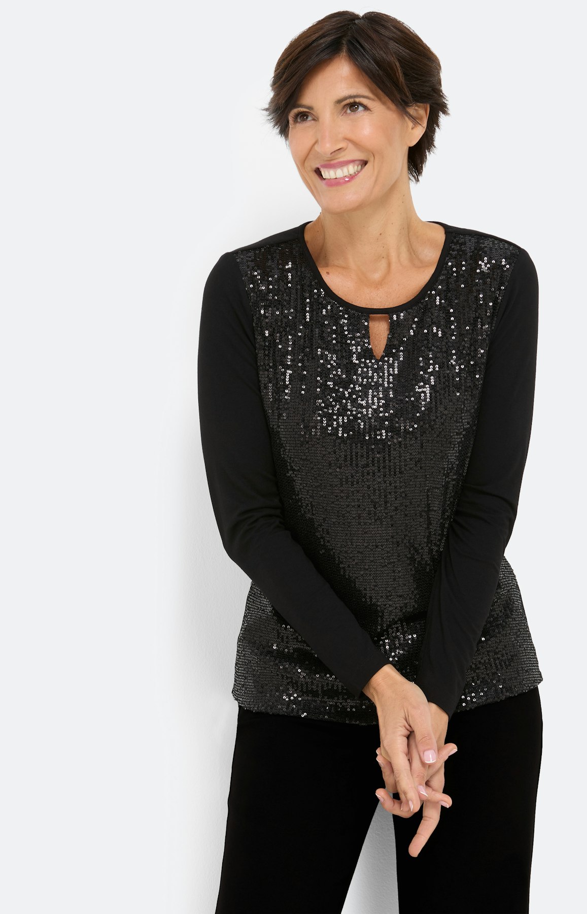 Langarmshirt mit Pailletten, schwarz