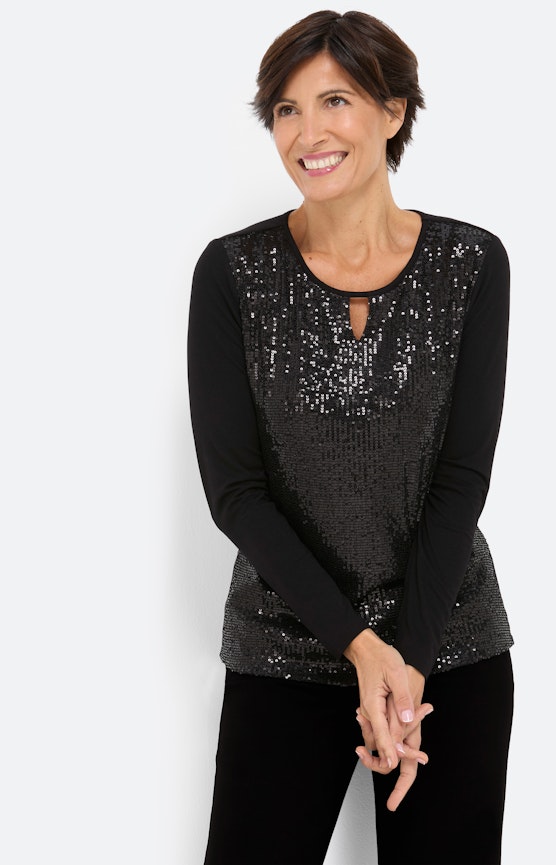 Shirt met lange mouw & pailletten, zwart