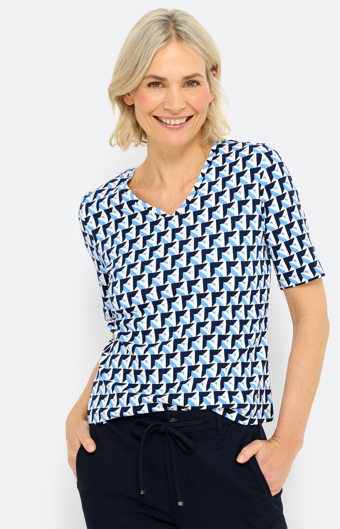 T-shirt met ribstructuur, middenblauw