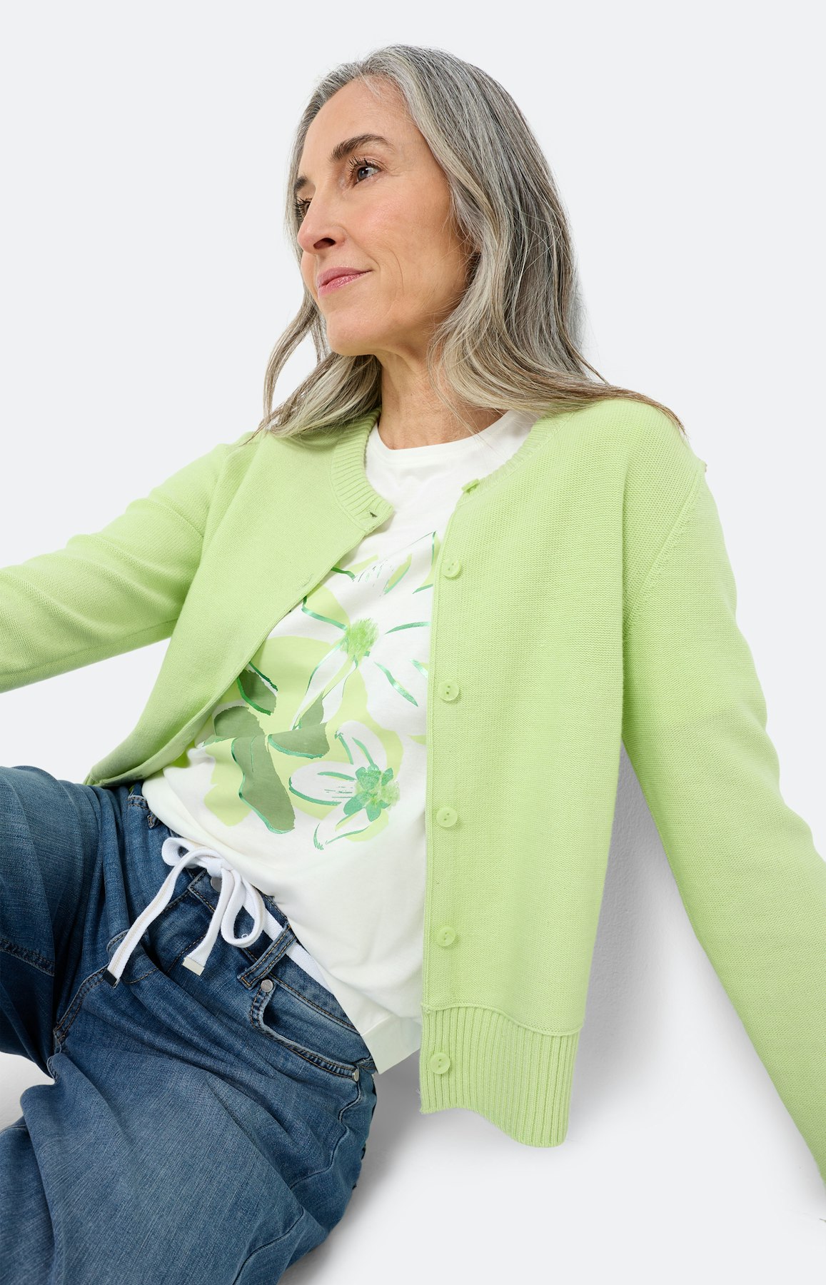 Fijngebreide cardigan met knopen, limoen