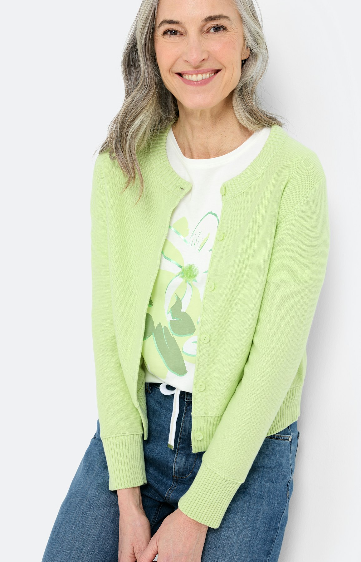 Fijngebreide cardigan met knopen, limoen