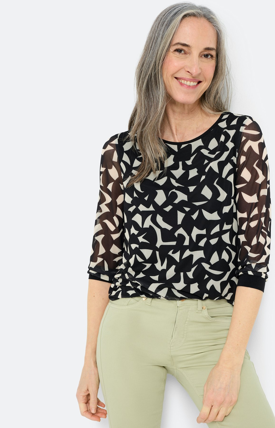 Shirt van mesh met print, zwart