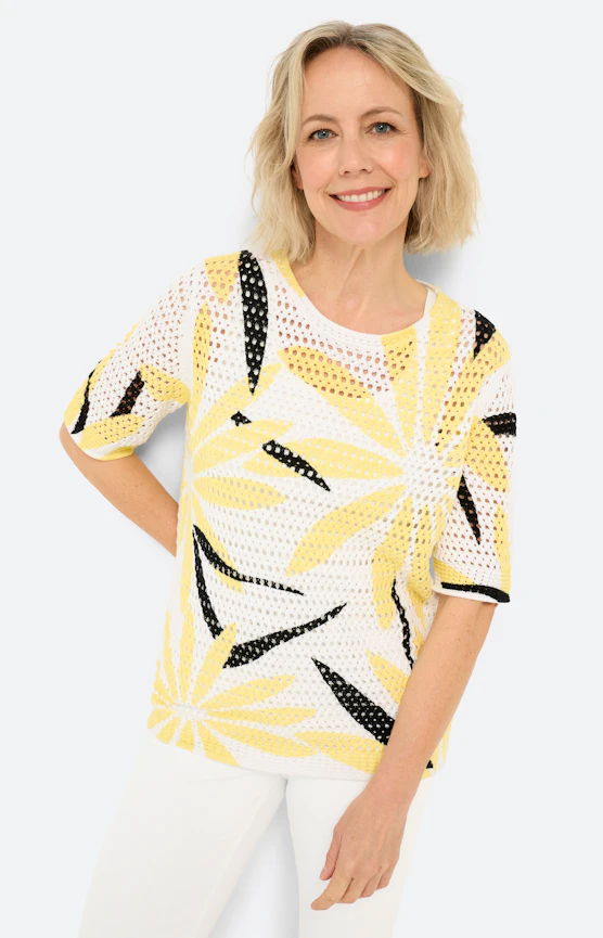Strickpullover mit Blumenmuster, gelb