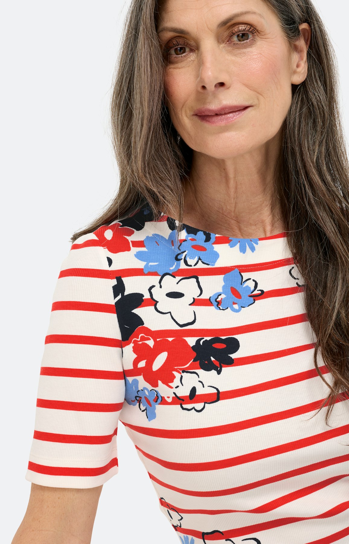 T-shirt met strepen en bloemen, wit