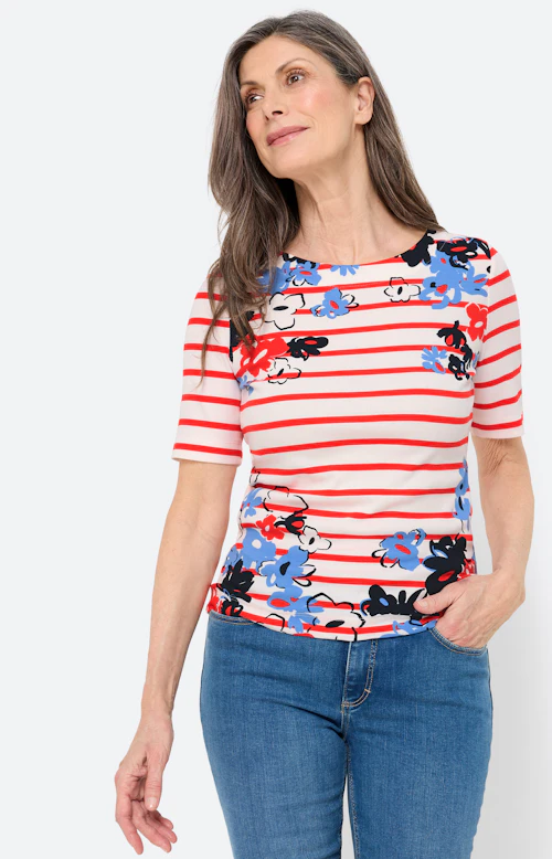 T-shirt met strepen en bloemen, wit