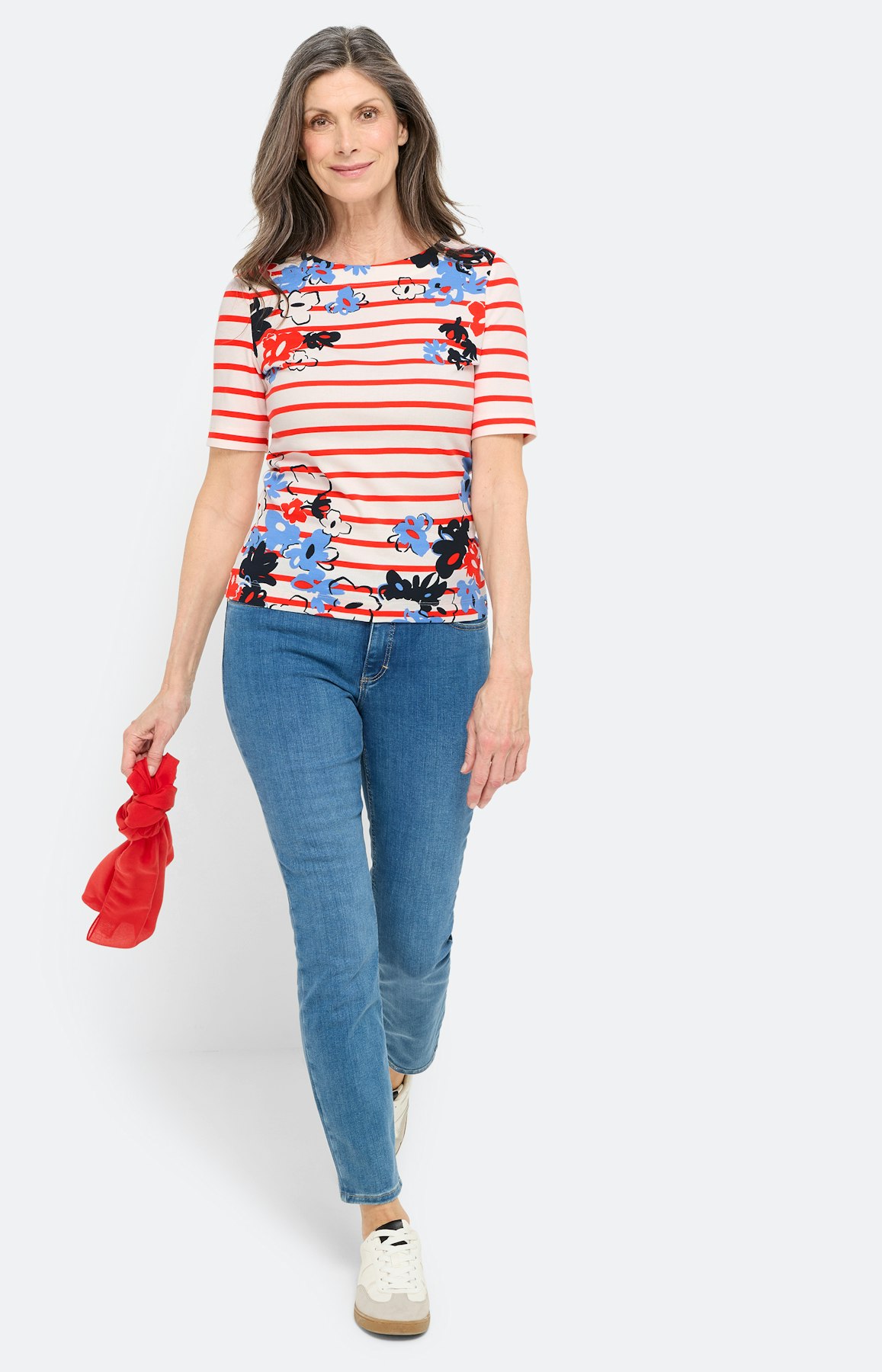 T-shirt met strepen en bloemen, wit