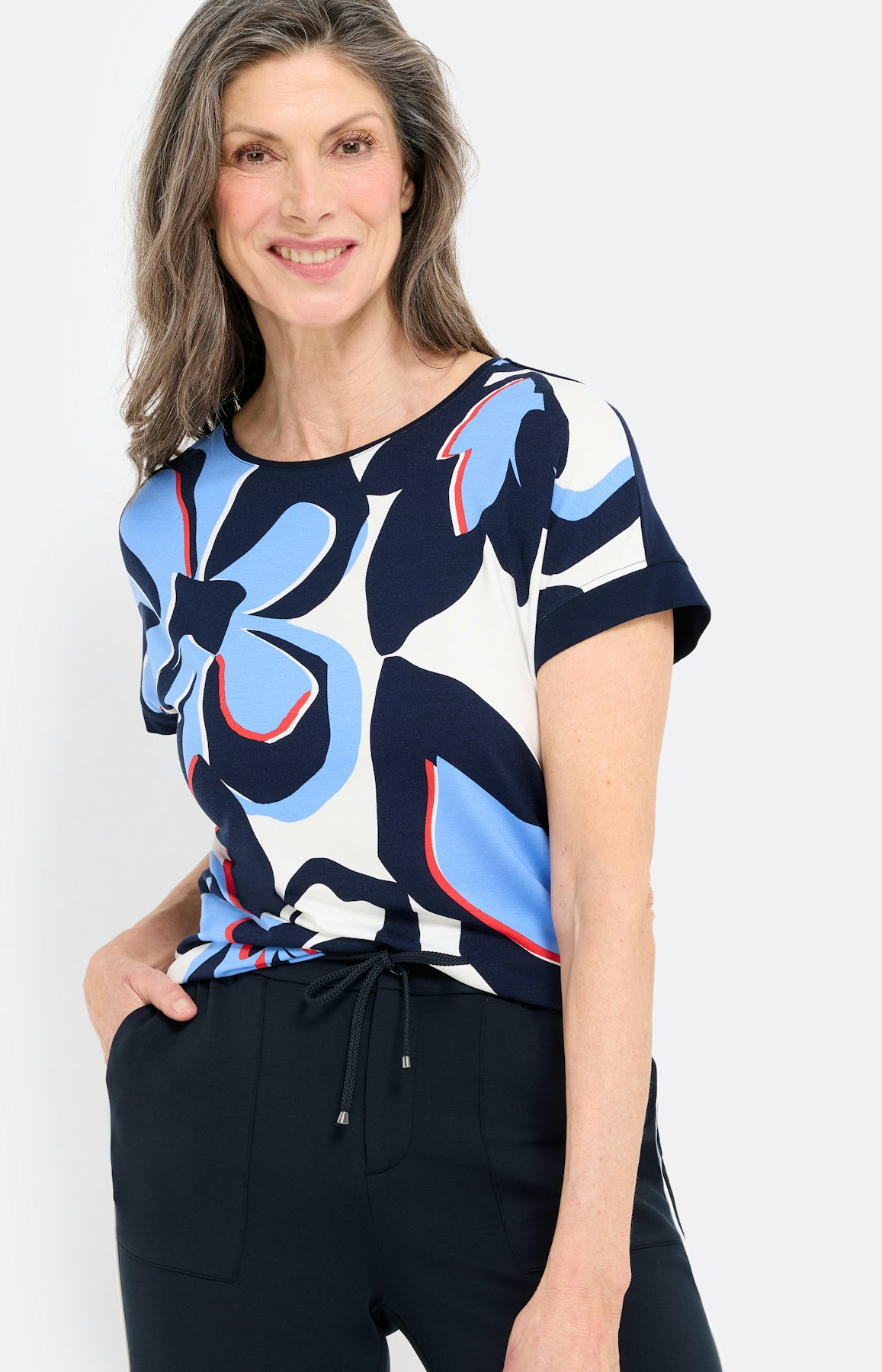 T-shirt met groot bloemmotief, navy