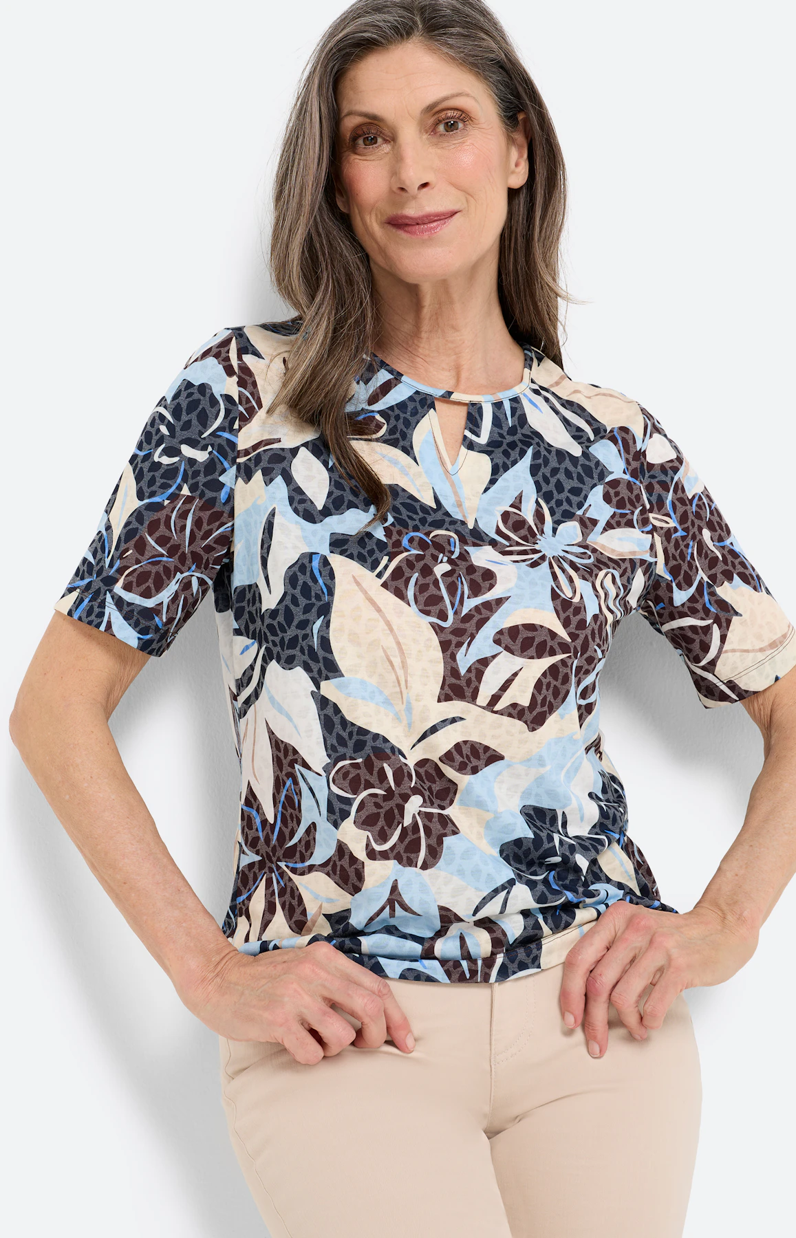 T-shirt met bloemmotief, donkerbruin