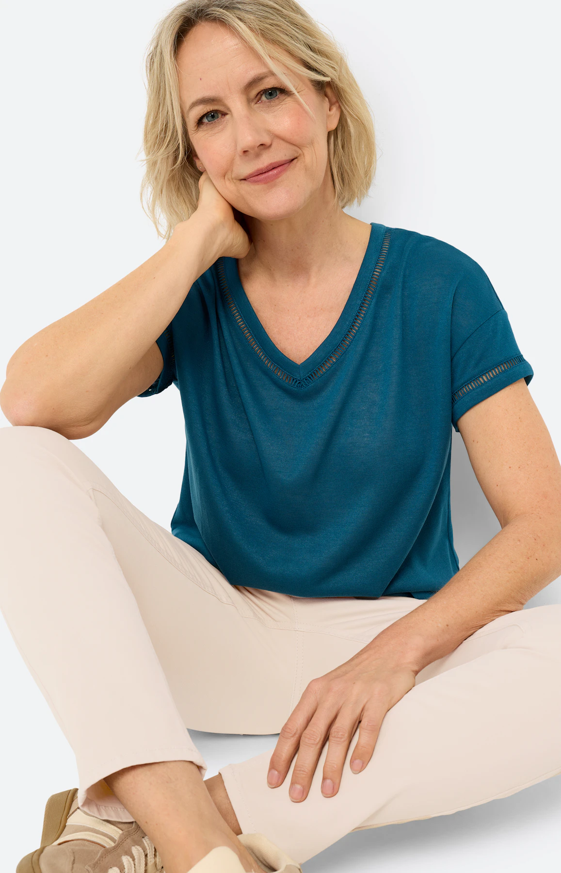 T-shirt met gehaakte tape, petrol