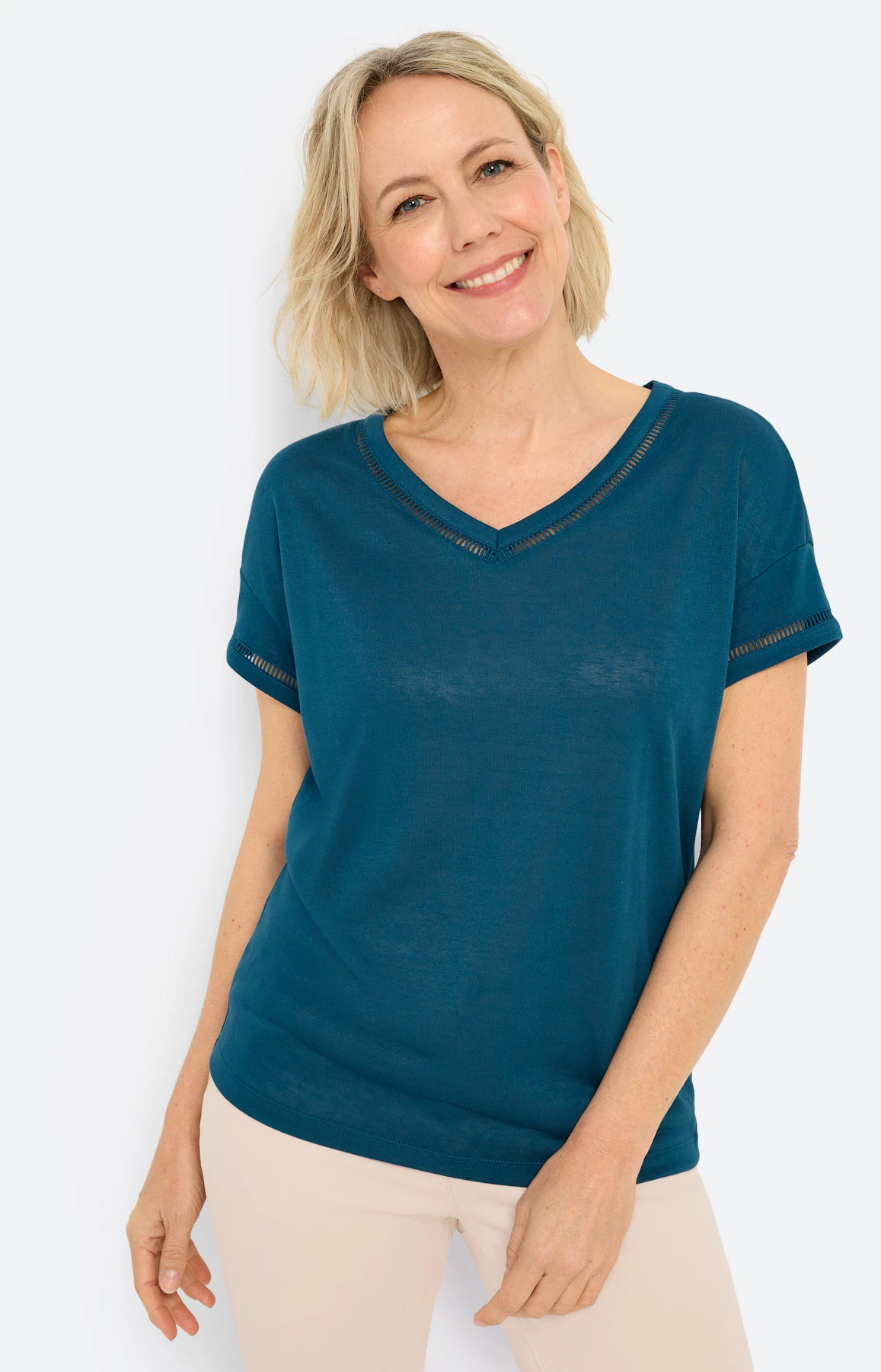 T-shirt met gehaakte tape, petrol