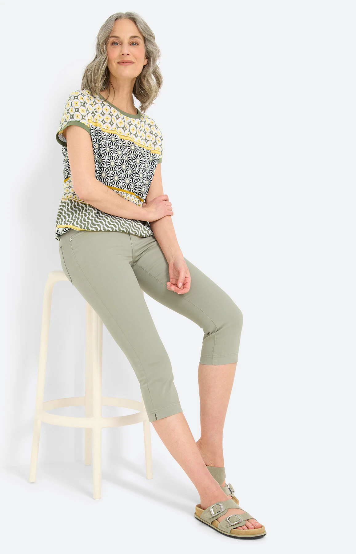 Capri-jeans met bindceintuur, grasgroen