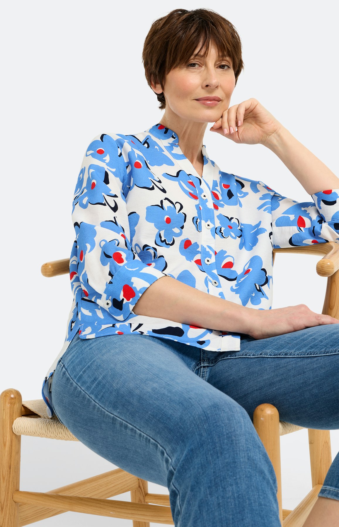 Blouse met bloemenprint, middenblauw