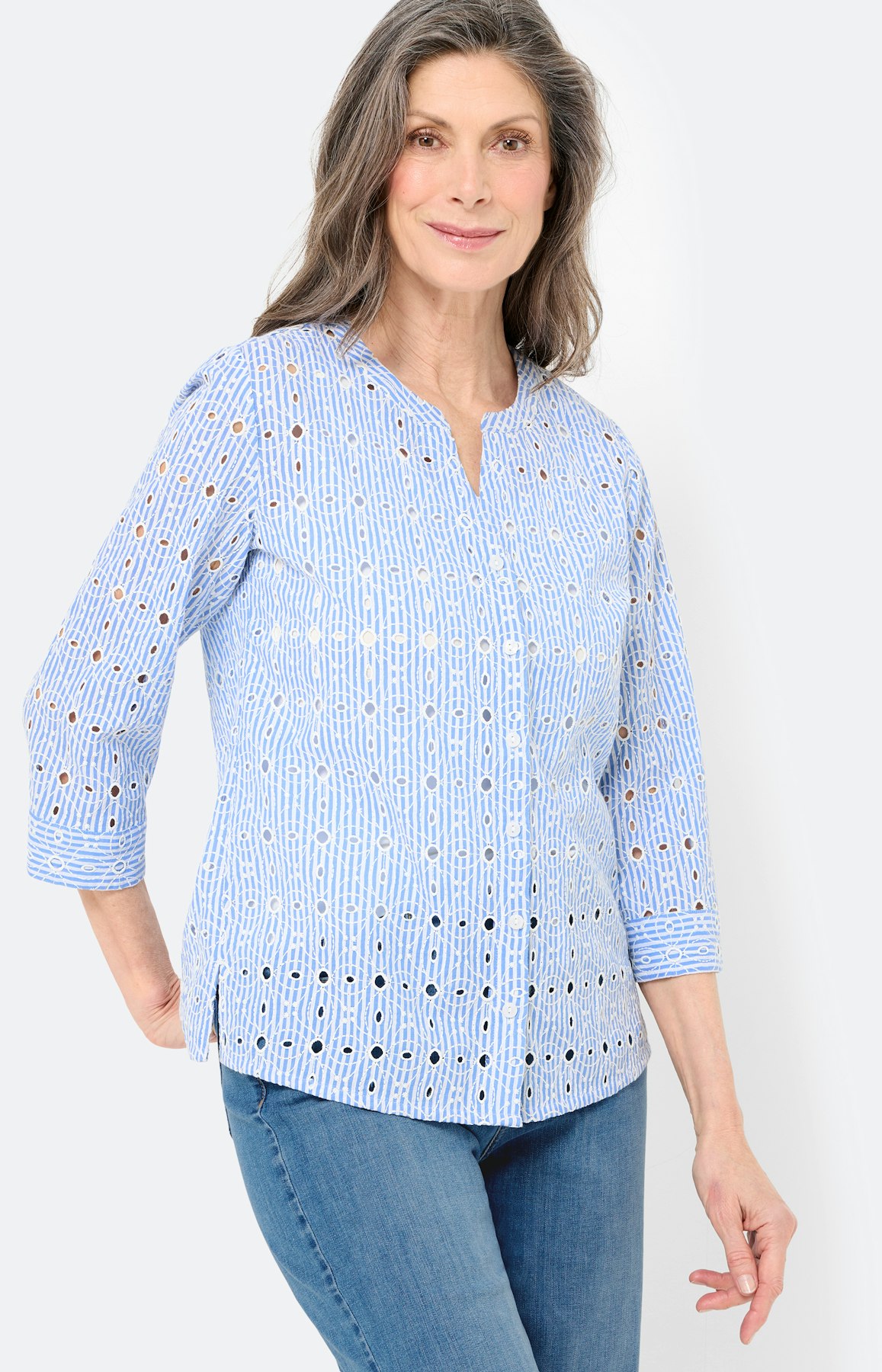 Blouse met borduurdetails, middenblauw