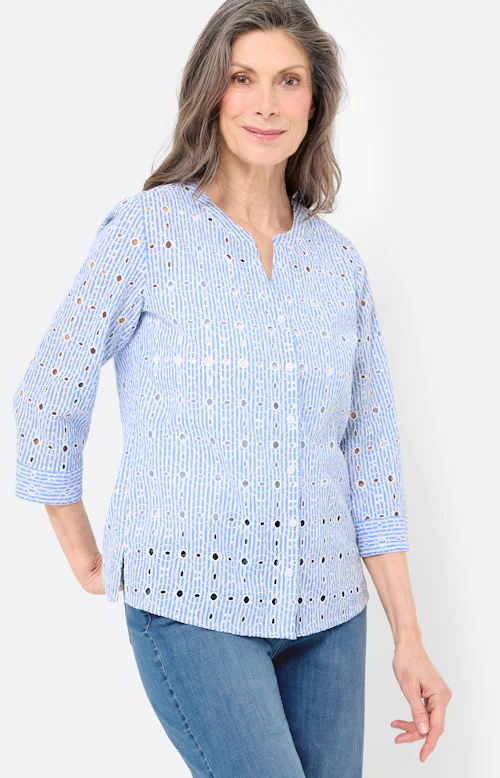 Blouse met borduurdetails, middenblauw