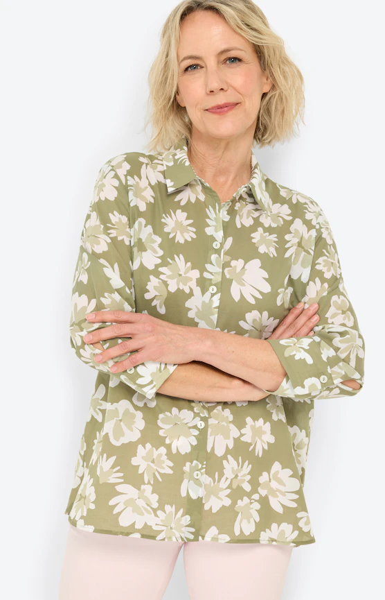 Overhemdblouse, bloemenprint, lichtkaki