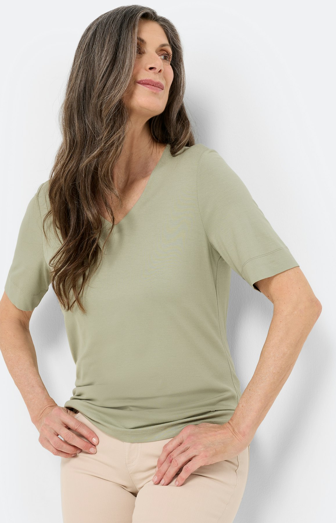 T-shirt met V-hals, grasgroen