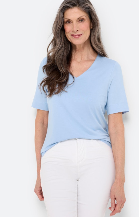 T-shirt met V-hals, zachtblauw