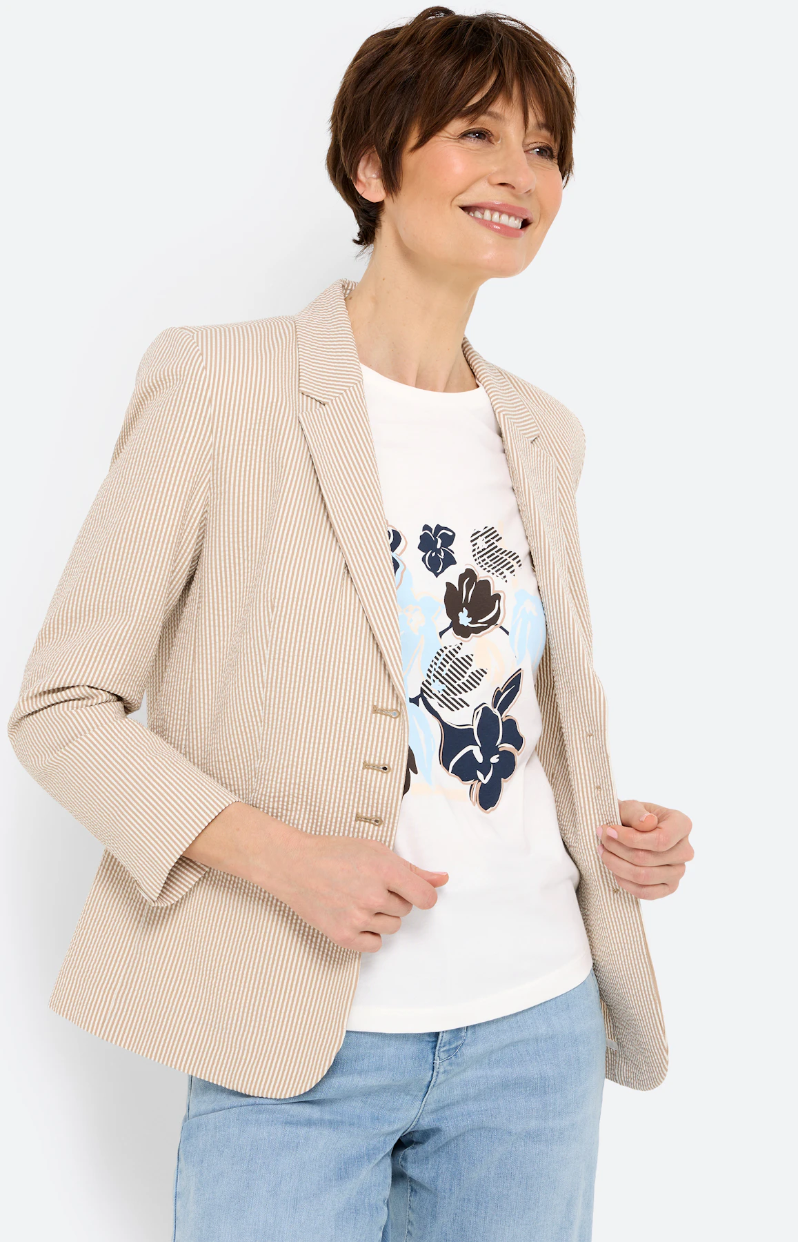 Blazer, seersuckerstructuur, lichtbruin