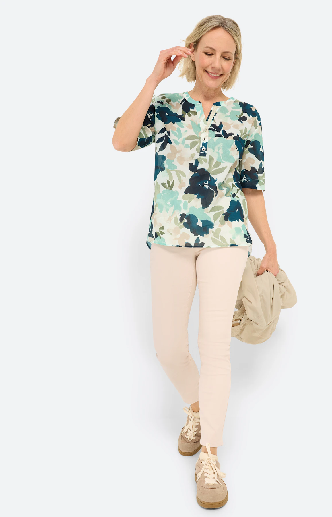 Blouse met bloemenprint, petrol