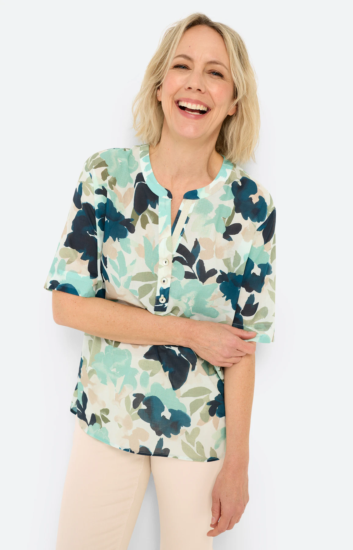 Blouse met bloemenprint, petrol