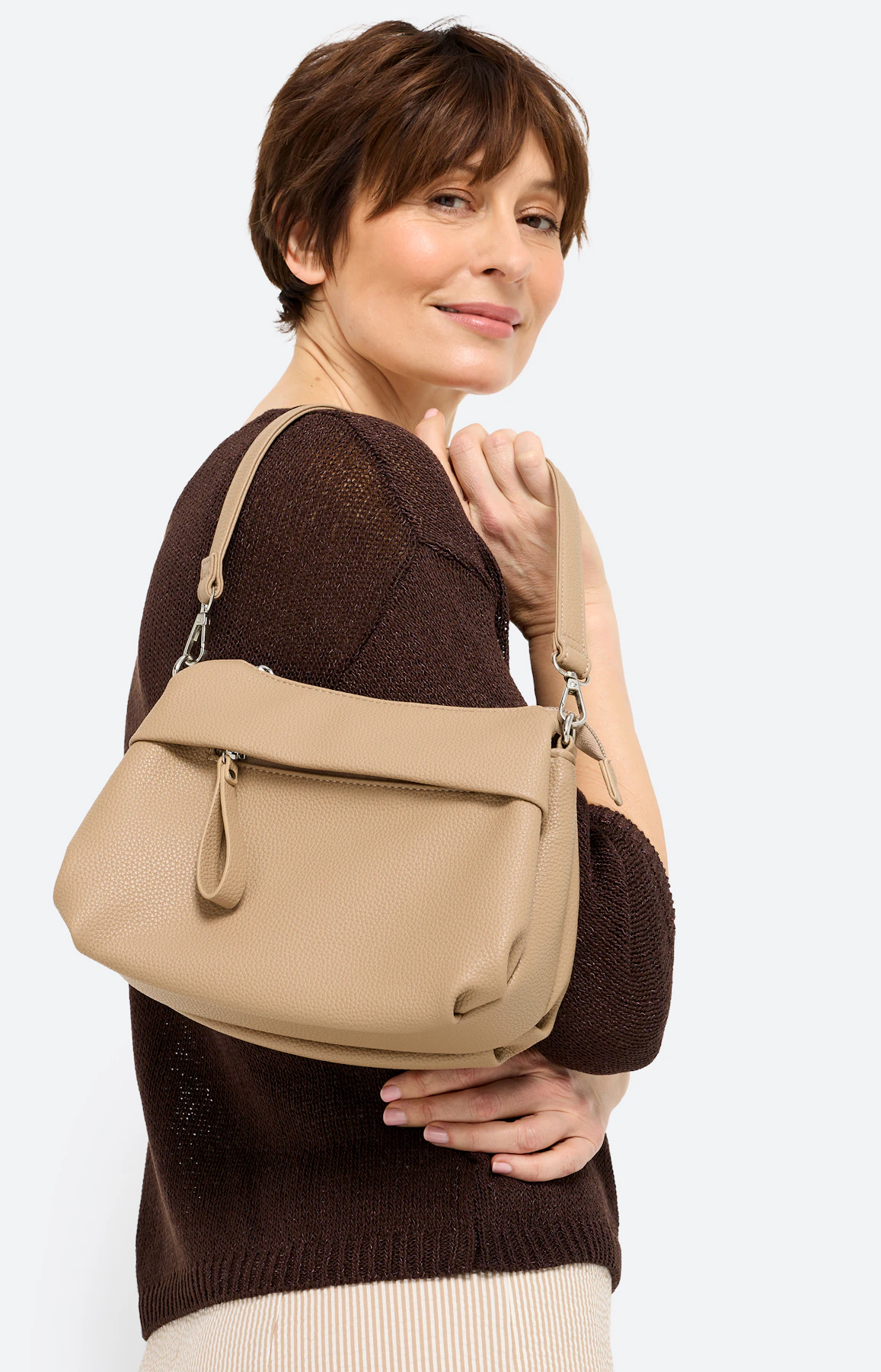 Schoudertas met rits, lichtbruin