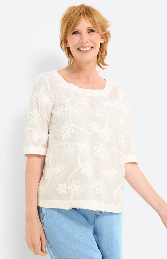 Bluse mit Blumen-Applikationen, weiß