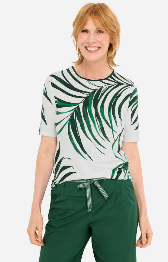 T-Shirt mit Blätterprint, weiß