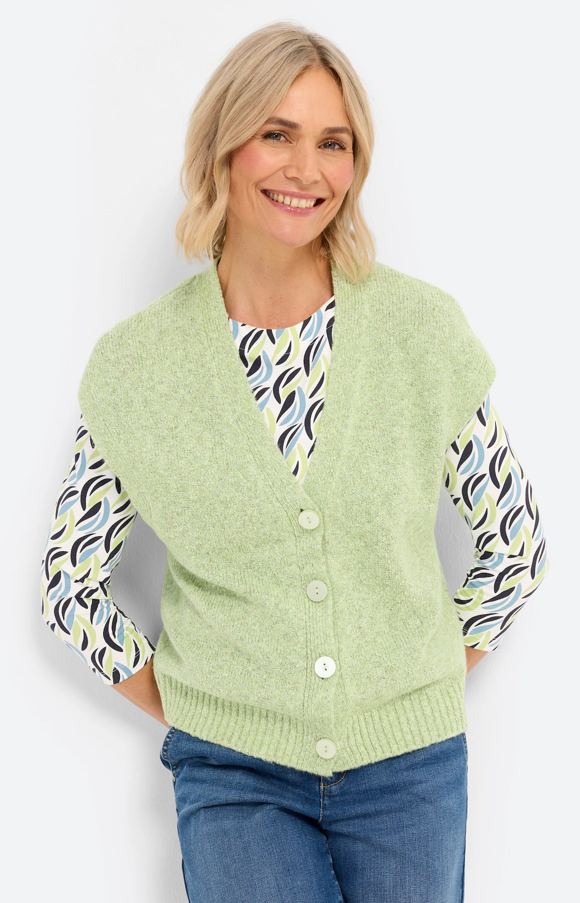 Mouwloos vest met een V-hals, pistache