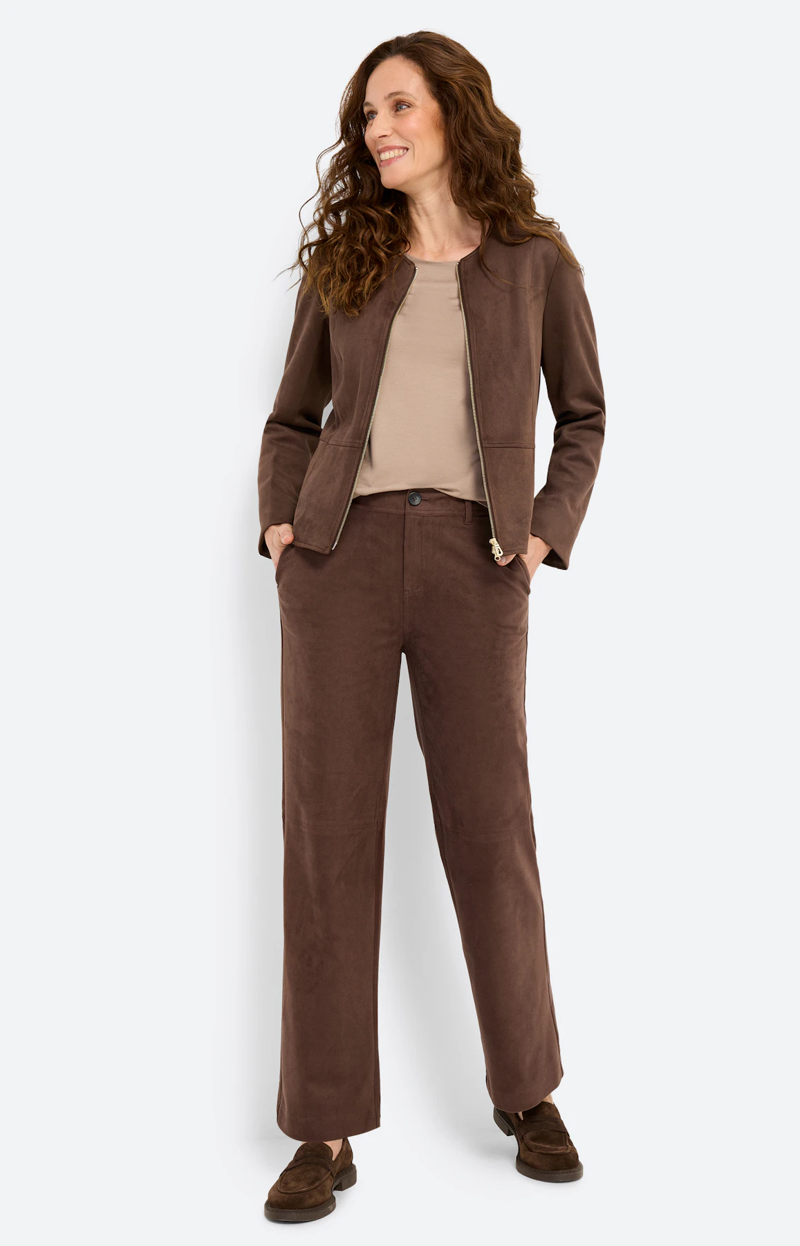 Broek in suède-look 30 inch, donkerbruin