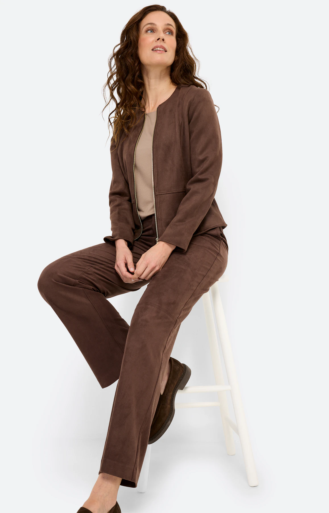Broek in suède-look 30 inch, donkerbruin