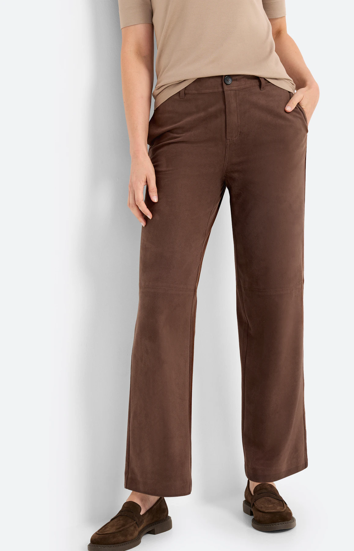 Broek in suède-look 30 inch, donkerbruin