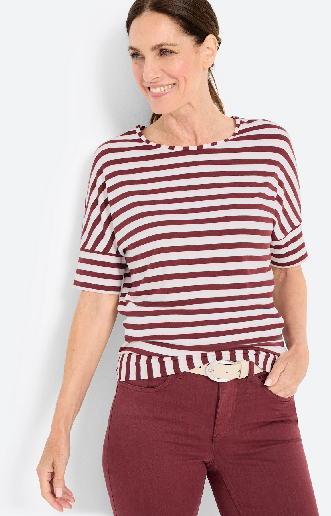 T-shirt met streepdessin, bordeaux