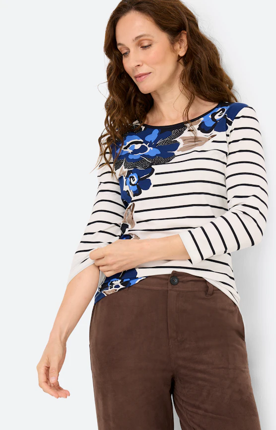 Shirt met strepen en bloemen, wit