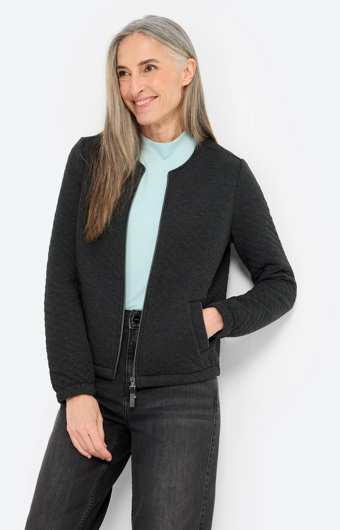 Sweatjacke mit Elastiksäumen, dunkelgrau