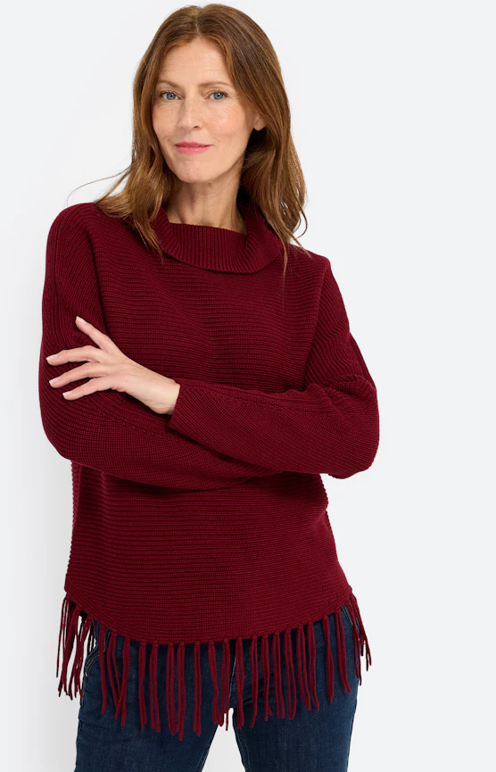 Pullover mit Fransensaum, weinrot