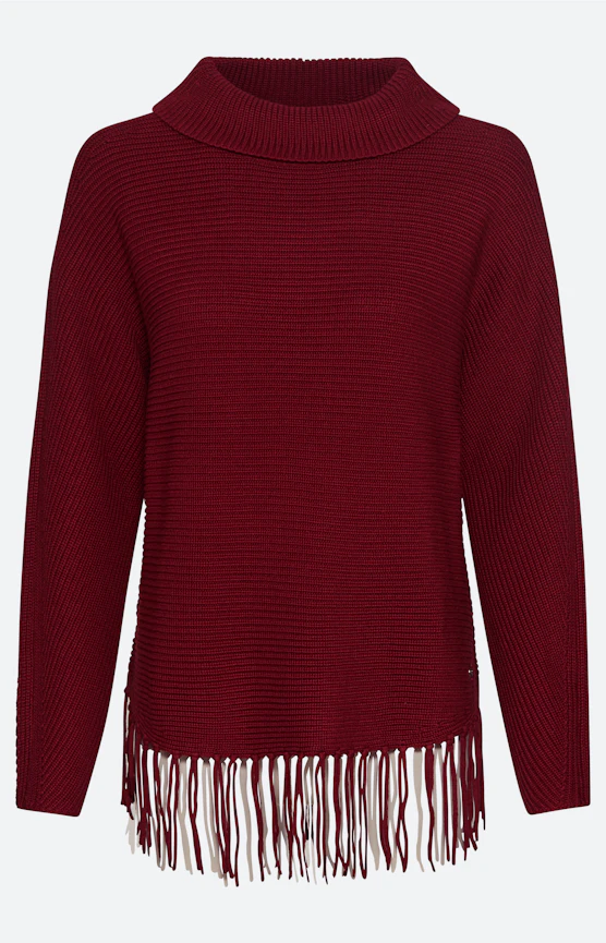Pullover mit Fransensaum, weinrot