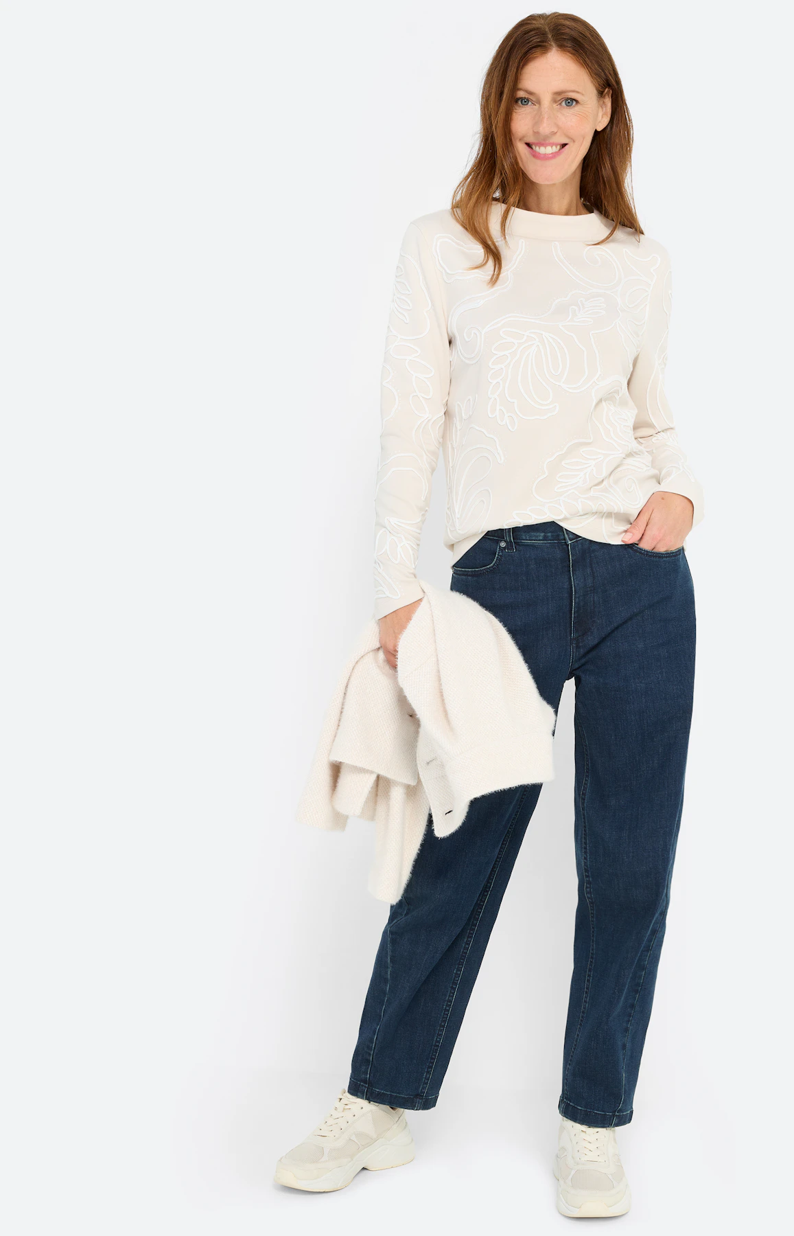 Sweatshirt met bloemborduursel, beige