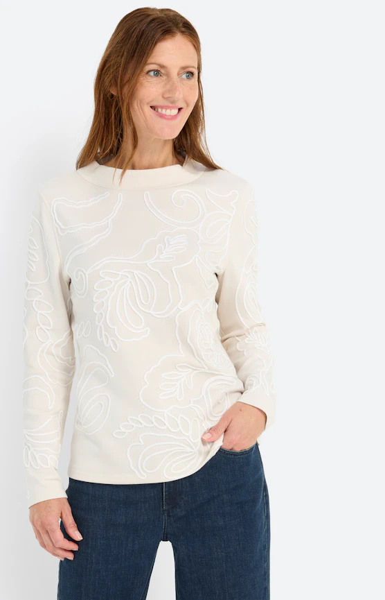 Sweatshirt mit floraler Stickerei, beige