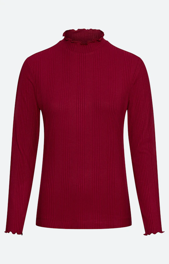 Langarmshirt mit Rüschenkanten, weinrot