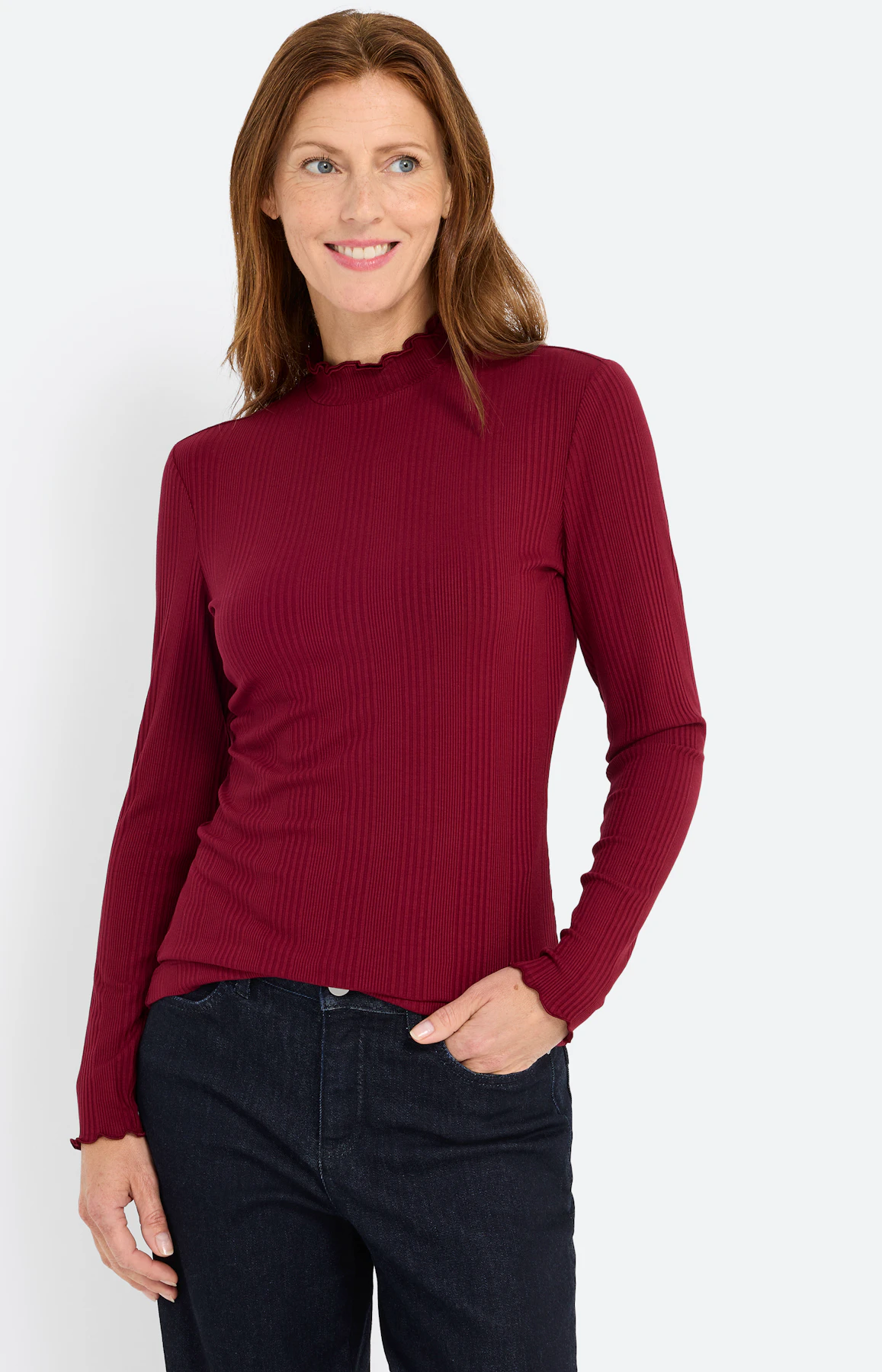 Shirt met rucheranden, wijnrood