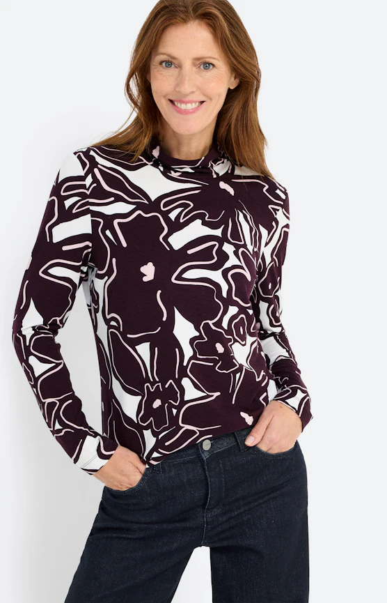Langarmshirt mit Blumenmuster, aubergine