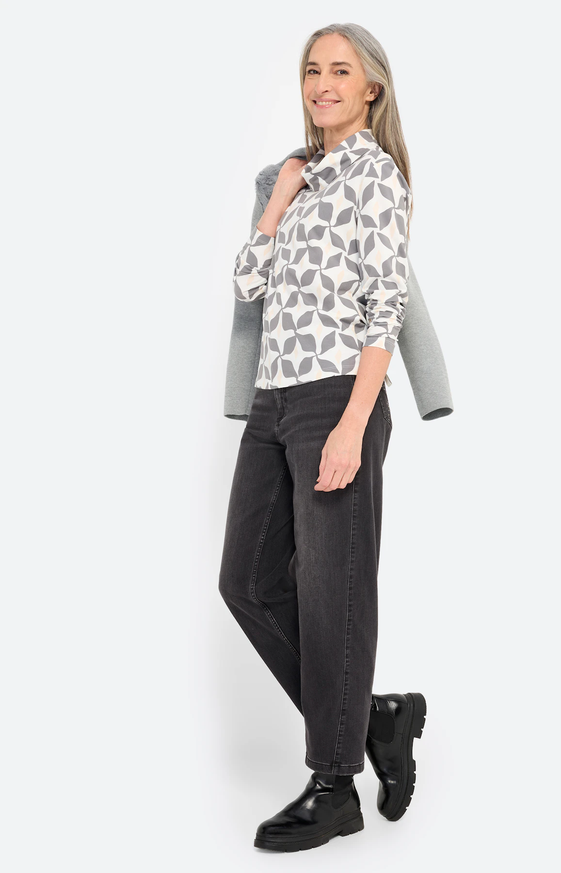 Shirt met lange mouw en col, donkergrijs